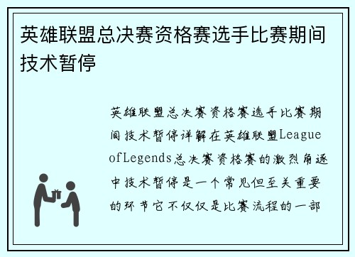 英雄联盟总决赛资格赛选手比赛期间技术暂停