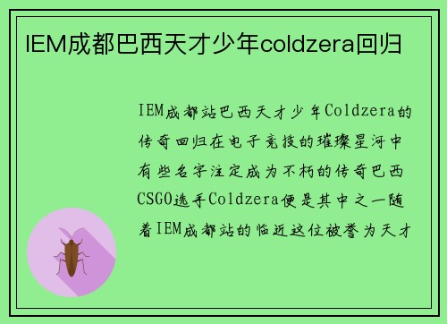 IEM成都巴西天才少年coldzera回归